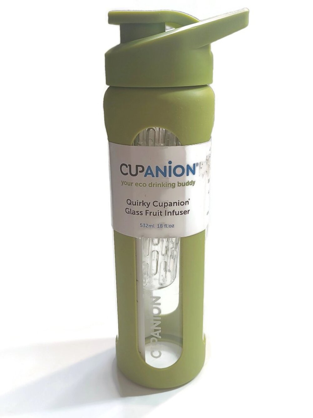 NEW Quirky Cupanion 18 oz Glass Water Drinking Bottle Fruit Infuser Green Sleeve